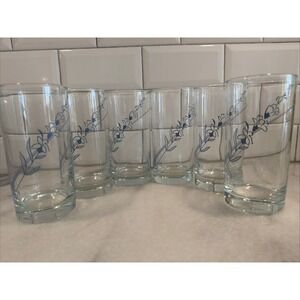 Rare Set‎ Of 6 Vintage Libbey Glasses With Blue Flowers GW0021